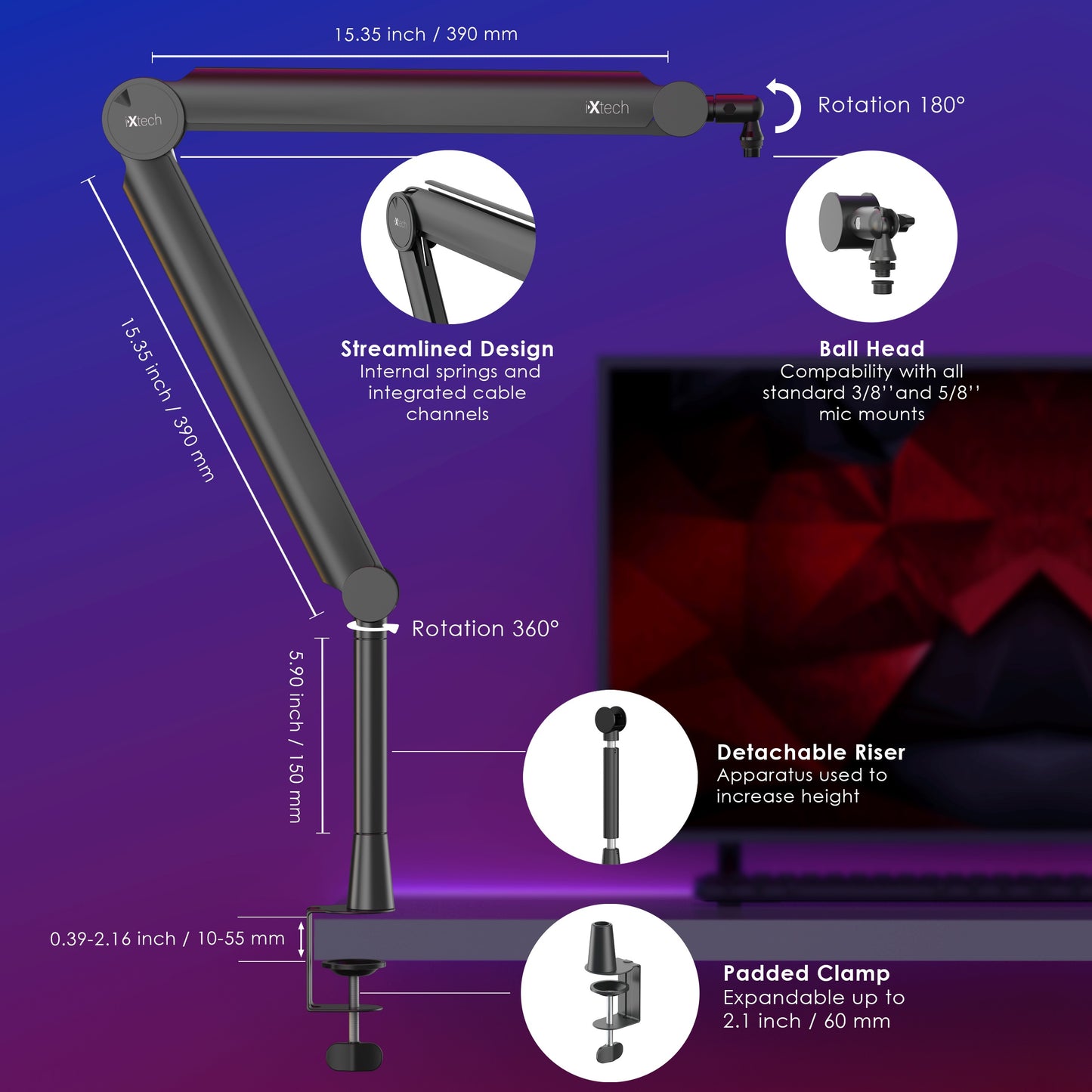 Adjustable 360° Rotatable Microphone Boom Arm - VALIANT Model I-XTECH